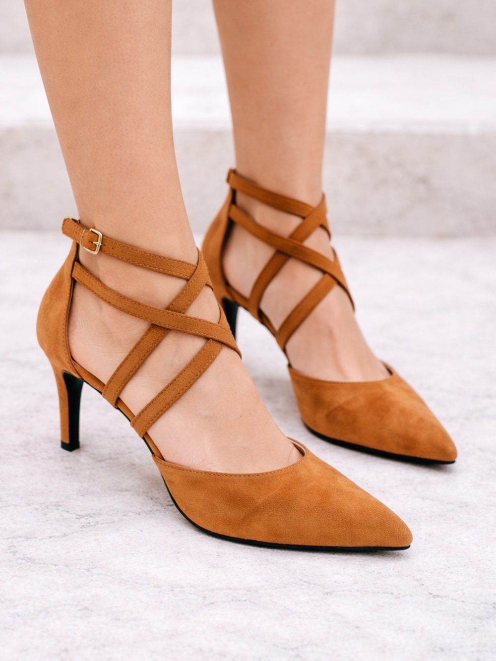 Tan Suede Pointed Toe Heels Ankle Strap Pumps Criss Cross